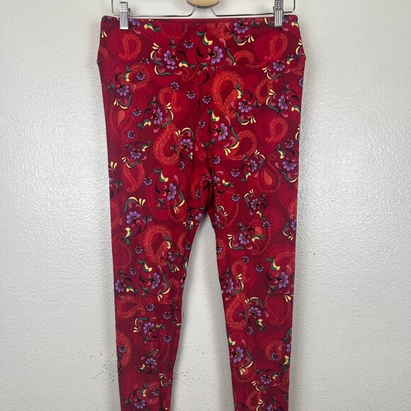 NWOT TC LuLaRoe Tall & Curvy Leggings Beautiful Floral Print on Red OS - Picture 1 of 5